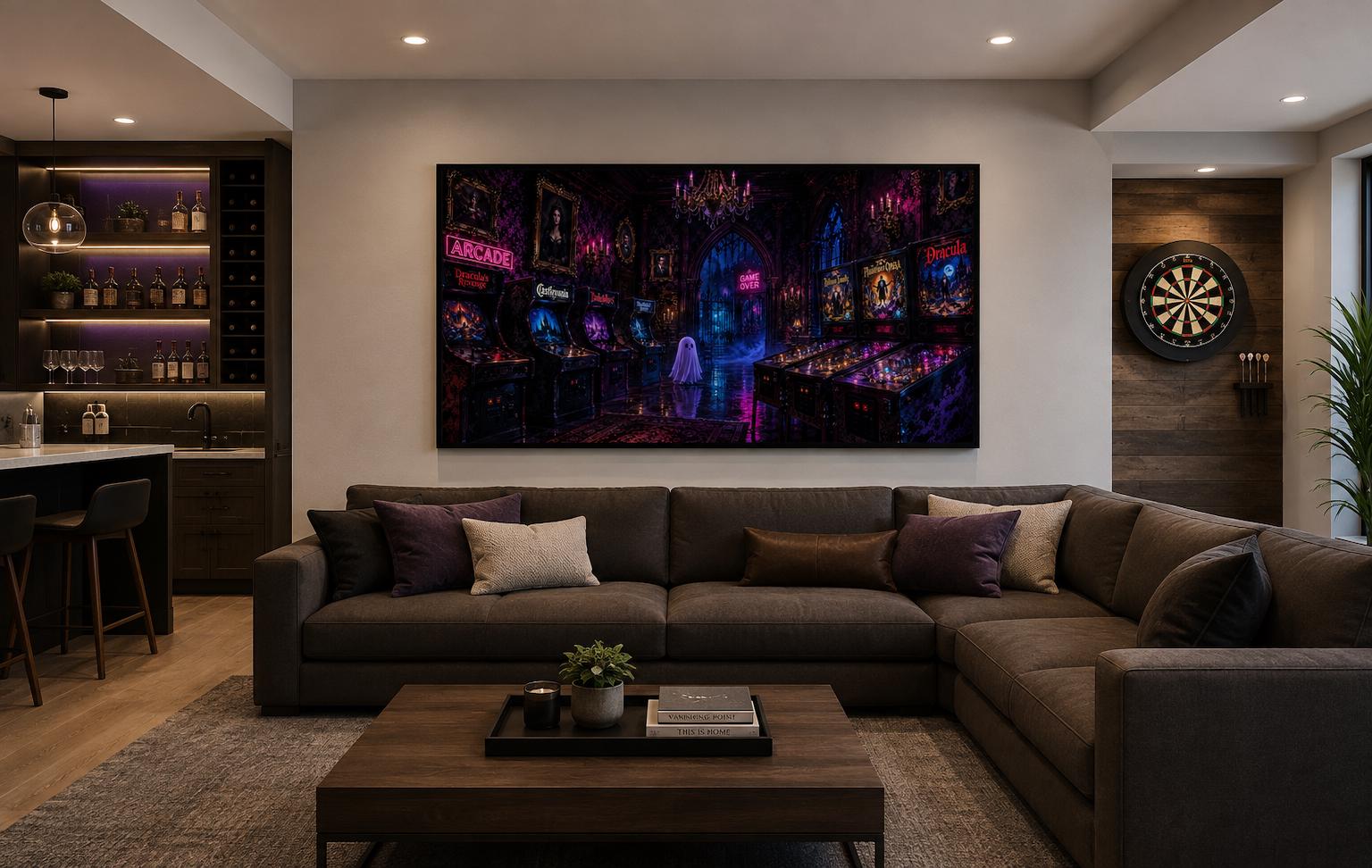 Spooky Halloween Arcade with Ghost and Pinball Machines in Neon Purple, Man Cave Game Room Wall Art