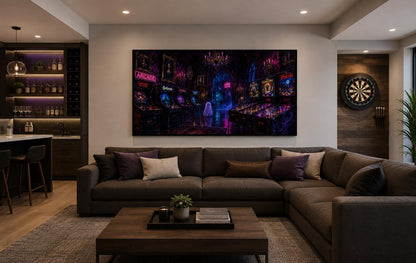 Spooky Halloween Arcade with Ghost and Pinball Machines in Neon Purple, Man Cave Game Room Wall Art