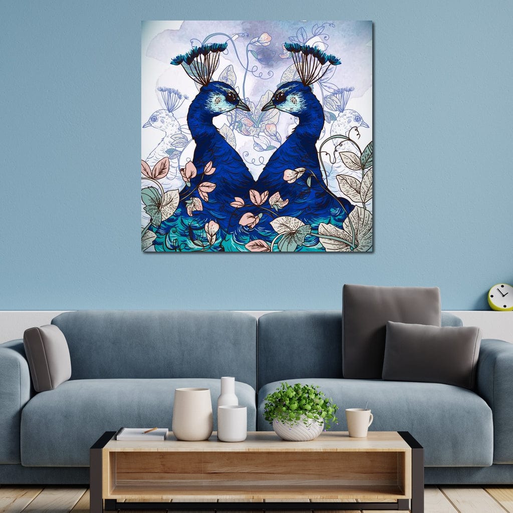 Blue Floral Peacocks Canvas Wall Art