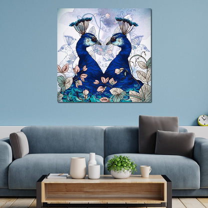 Blue Floral Peacocks Canvas Wall Art