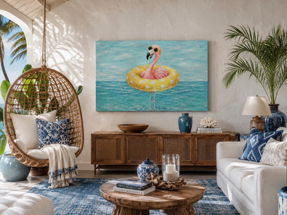 Funny Flamingo With Pool Float And Sunglasses Wall Art - Whimsical Coastal Wall Decor for Beach House