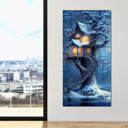 Winter Tree House Canvas Wall Art