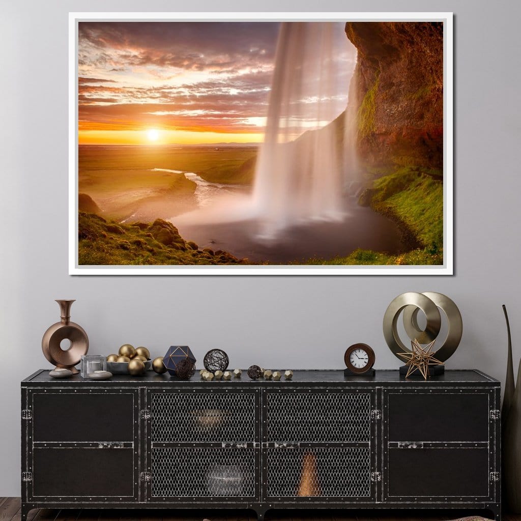 Sunset over Seljalandsfoss Waterfall Canvas Wall Art