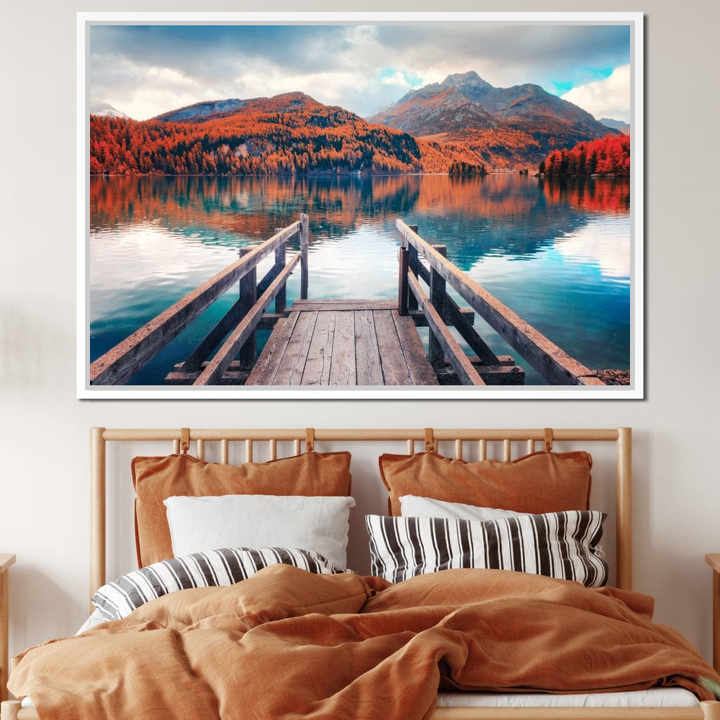 Wooden Pier on Autumn lake Sils Canvas Wall Art