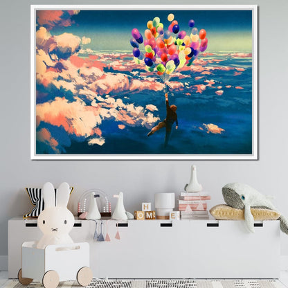 Flying with Colorful Balloons Canvas Wall Art