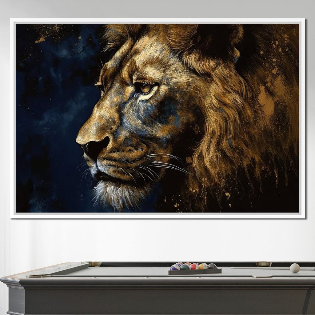 Golden Lion on Blue Background Canvas Wall Art