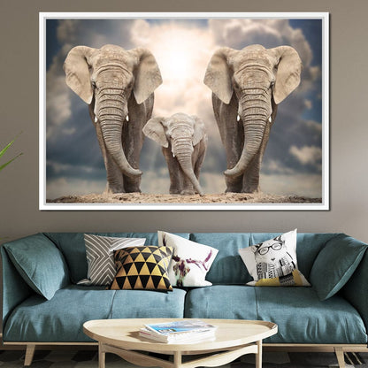 Elephant Family Under the Sun Canvas Wall Art