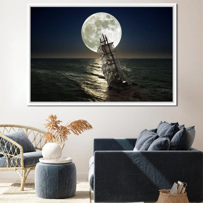 Sailing Under the Giant Moon Canvas Wall Art