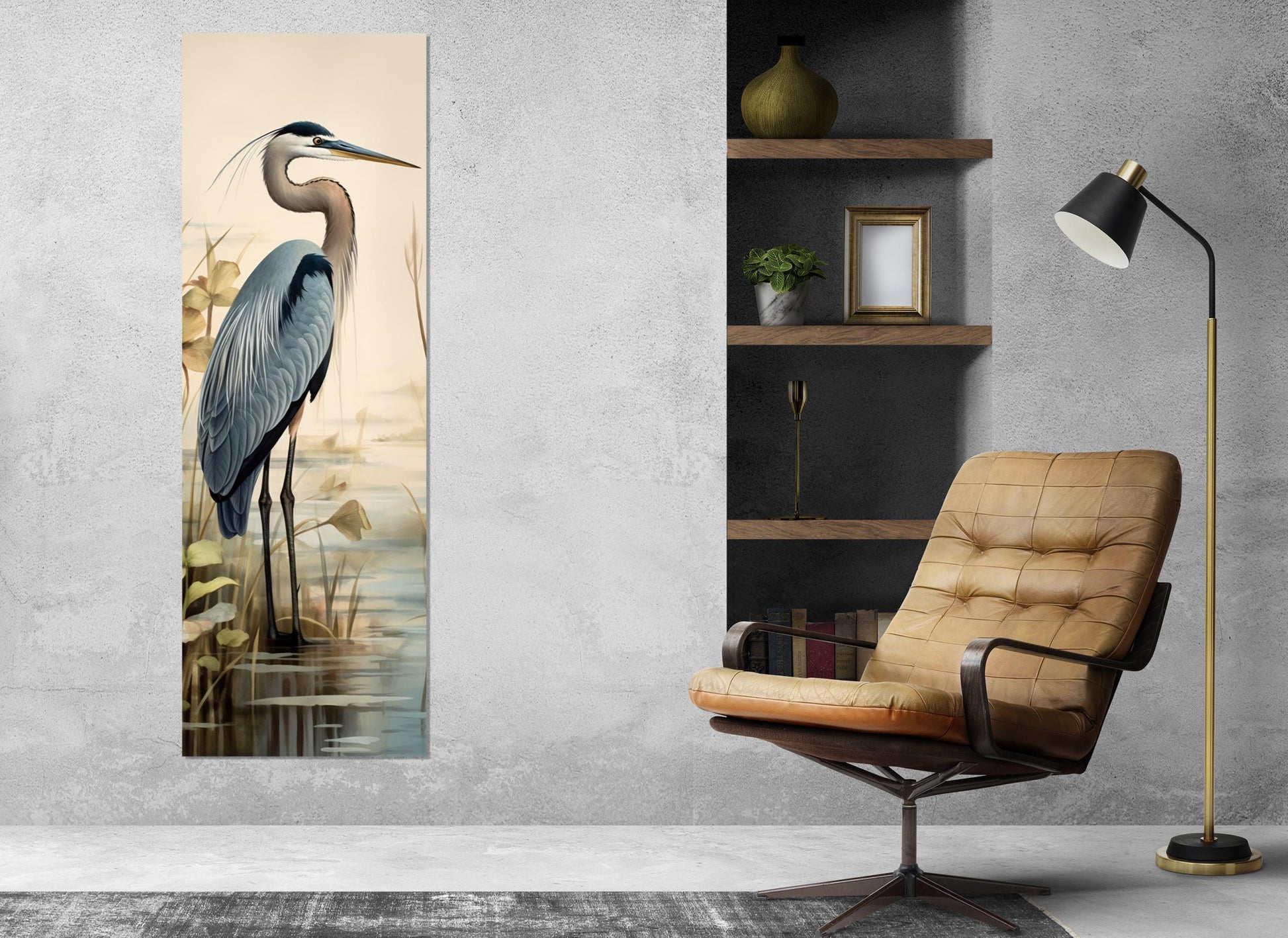 Heron Canvas Print – Vertical Soft Tones Bird Wall Art | Framed & Ready to Hang