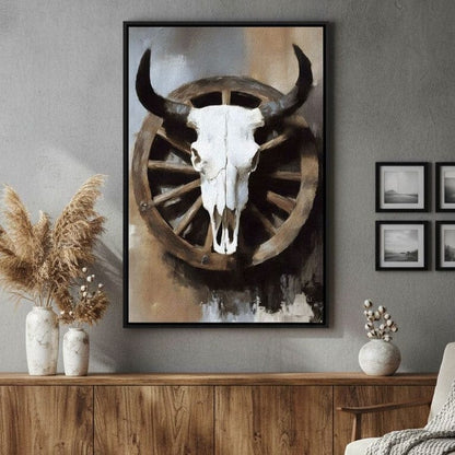 Western Bull Skull Wagon Wheel Canvas Wall Art