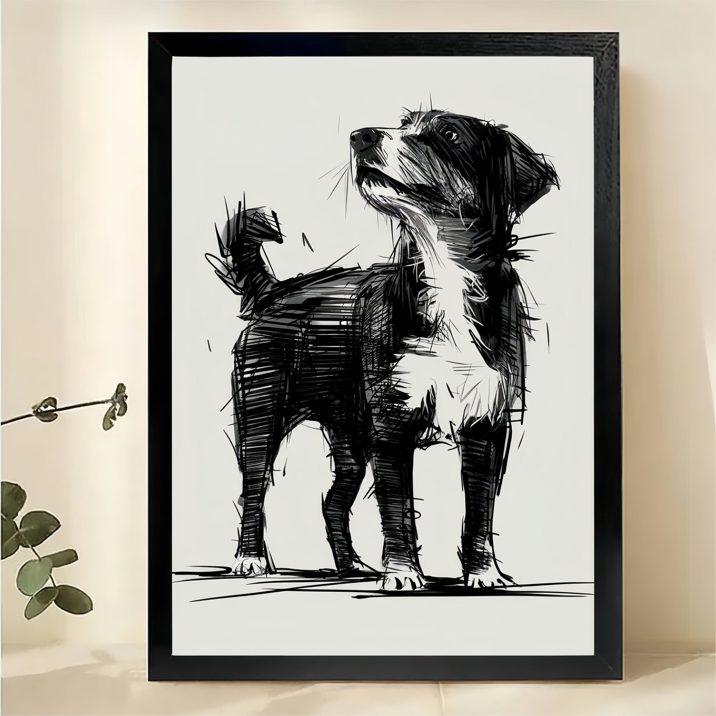 Confident Dog Looking Up Wall Art - Black and White Sketch Canvas Print