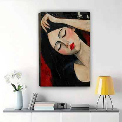 Modern Woman Portrait Canvas | Modigliani Style Wall Art|Red Lips Black Hair Print