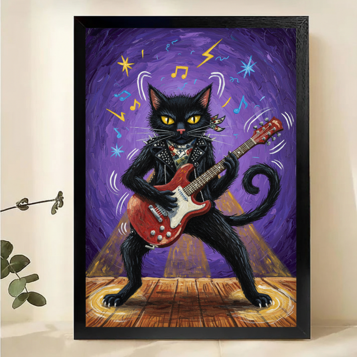Rock Star Cat Art - Black Cat Electric Guitar Decor Canvas Wall Art