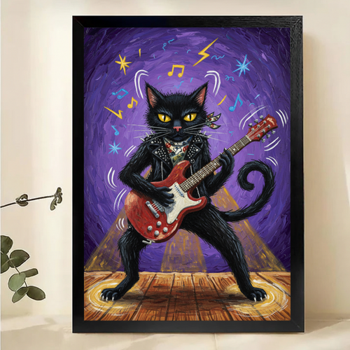 Rock Star Cat Art - Black Cat Electric Guitar Decor Canvas Wall Art