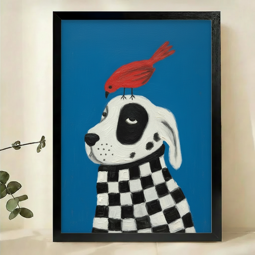 Dalmatian Dog & Red Bird Wall Art – Whimsical Pop Art Canvas Print on Natural Wood Frame