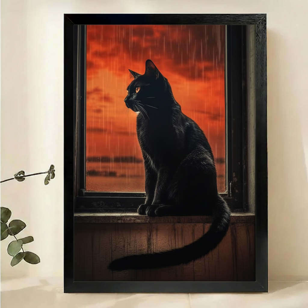 Black Cat at Rainy Window Wall Art – Moody Atmospheric Canvas Print on Natural Wood Frame