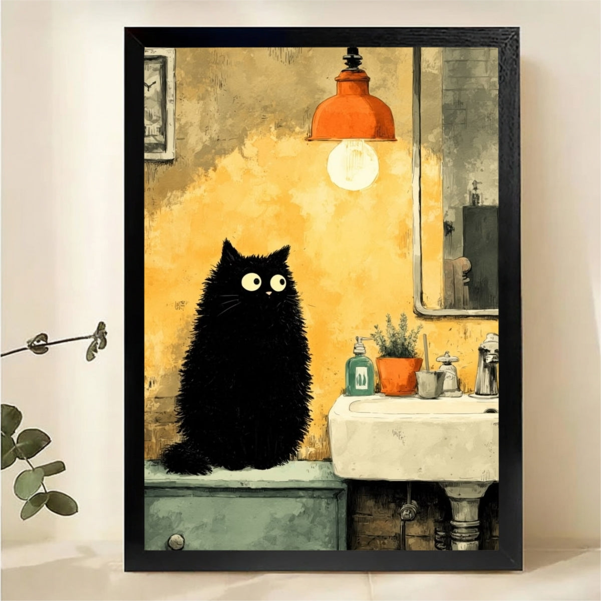 Fluffy Black Cat in Vintage Bathroom Wall Art - Whimsical Illustrated Canvas Print