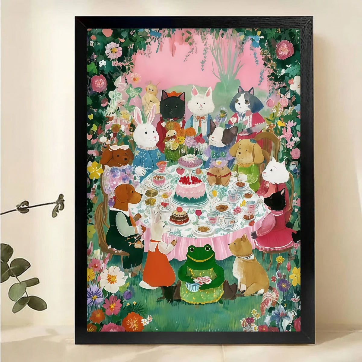 Colorful Cats Tea Party Wall Art - Whimsical Canvas Print