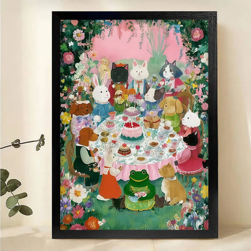 Colorful Cats Tea Party Wall Art - Whimsical Canvas Print