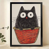 Fluffy Black Cat in Red Basket Wall Art - Quirky Sketch Canvas Print