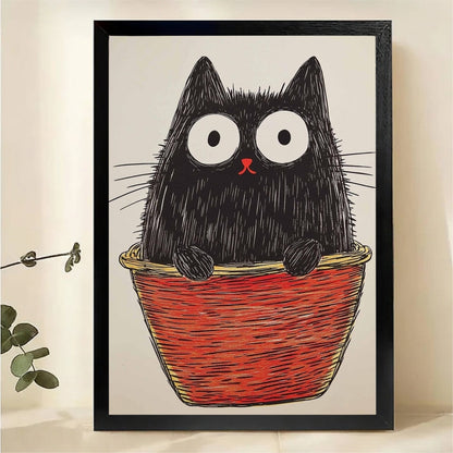 Fluffy Black Cat in Red Basket Wall Art - Quirky Sketch Canvas Print