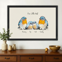 Our Little Nest Robin Family Wall Art – Heartwarming Watercolour Bird Canvas Print on Natural Wood Frame