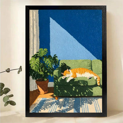 Cat Napping on Couch Wall Art - Modern Boho Pet Portrait Print