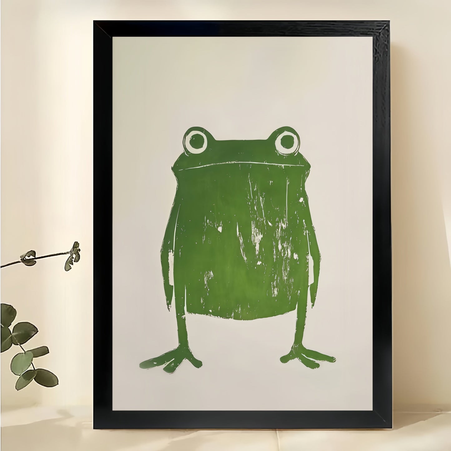 The Minimalist Line Art Green Frog – Sleek Modern Wall Art on Natural Wood Canvas