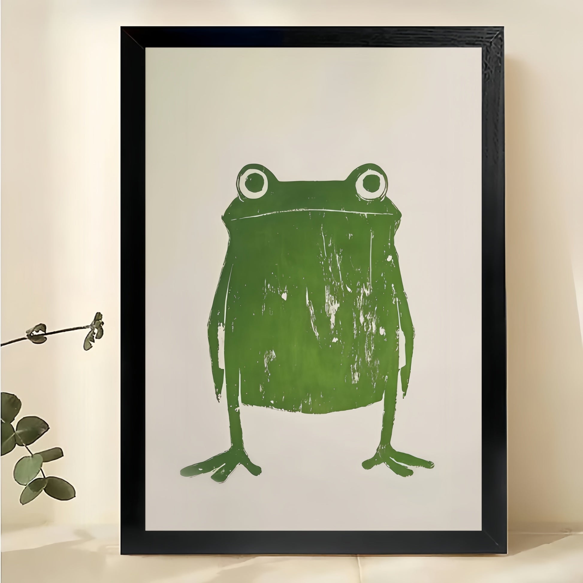 The Minimalist Line Art Green Frog – Sleek Modern Wall Art on Natural Wood Canvas