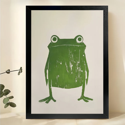 The Minimalist Line Art Green Frog – Sleek Modern Wall Art on Natural Wood Canvas