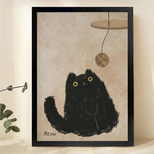 Black Cat & Yarn Ball Wall Art – Cute Chubby Cat Canvas