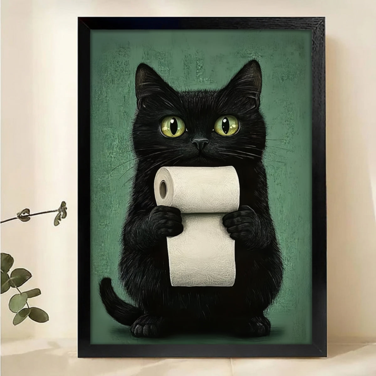 Black Cat with Toilet Paper Art Print | Funny Bathroom Wall Decor Canvas Wall Art