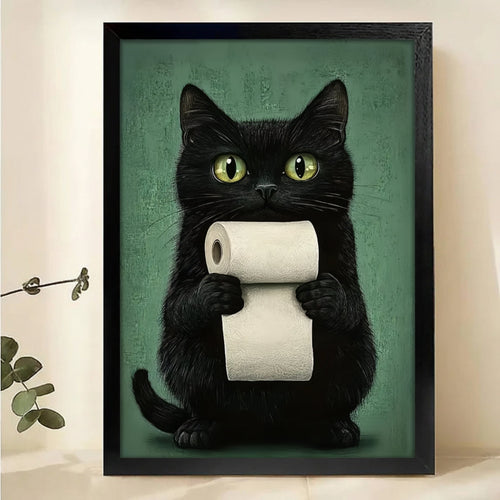 Black Cat with Toilet Paper Art Print | Funny Bathroom Wall Decor Canvas Wall Art