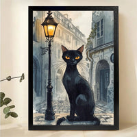Black Cat on Paris Street at Night Wall Art - Watercolor Canvas Print