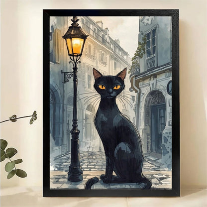 Black Cat on Paris Street at Night Wall Art - Watercolor Canvas Print