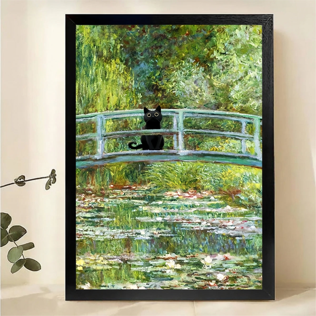 Black Cat on Monet Bridge Wall Art - Impressionist Garden Print