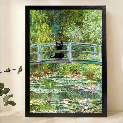 Black Cat on Monet Bridge Wall Art - Impressionist Garden Print