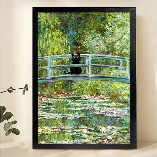 Black Cat on Monet Bridge Wall Art - Impressionist Garden Print