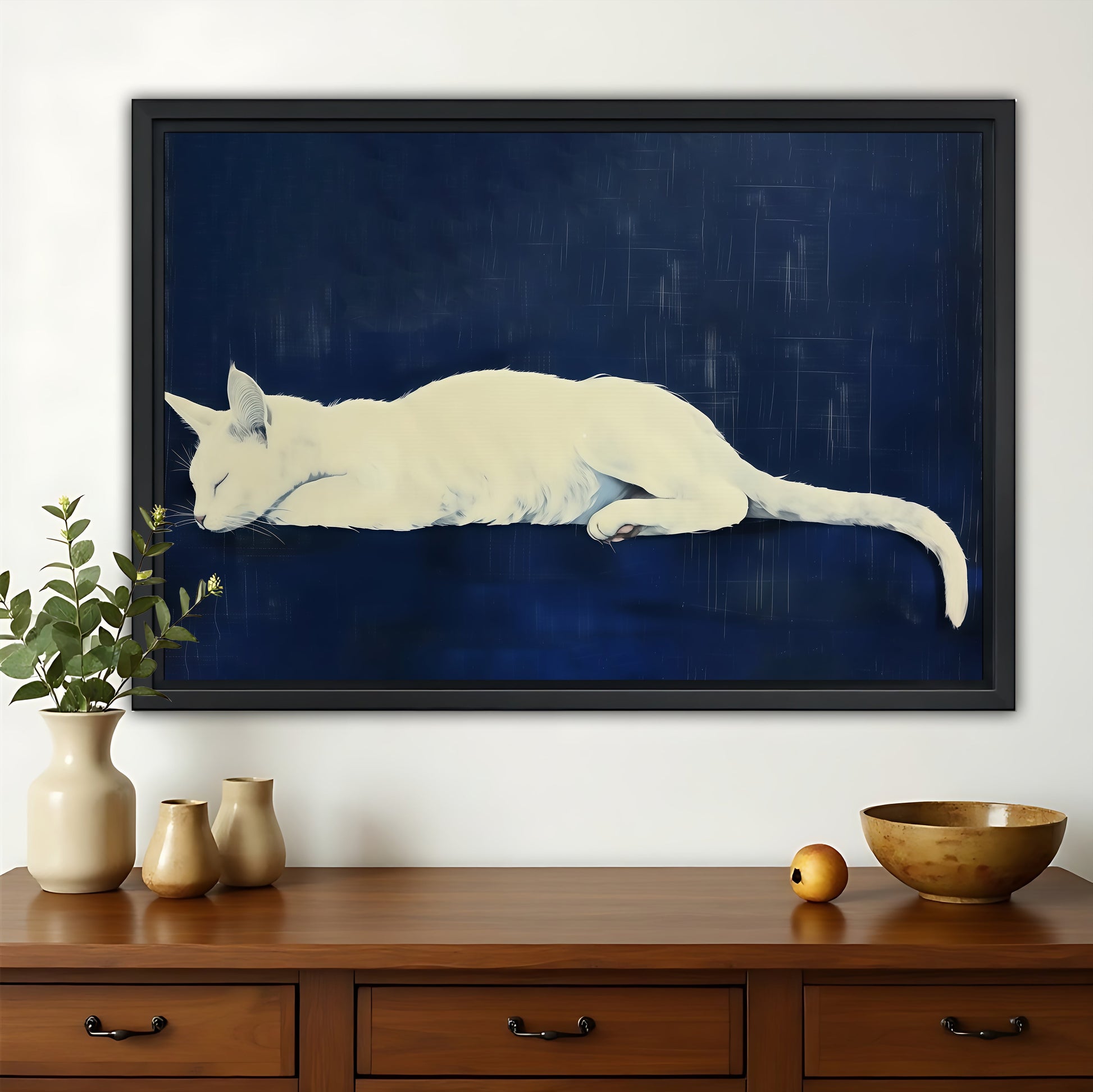 The White Cat On Navy Background – Calm Minimalist Wall Art on Natural Wood Canvas