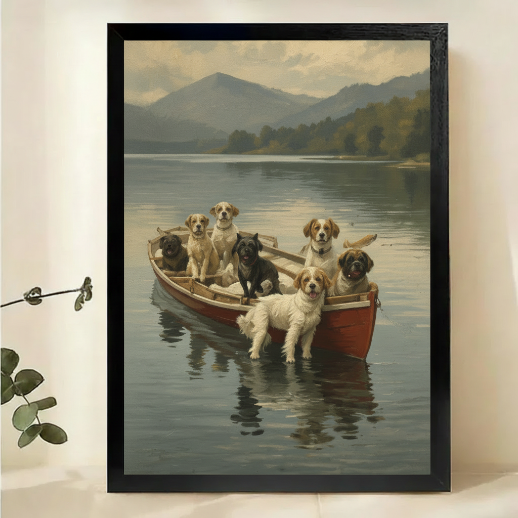 Seven Dogs in a Rowboat Wall Art – Classic Vintage Dog Canvas Print on Natural Wood Frame