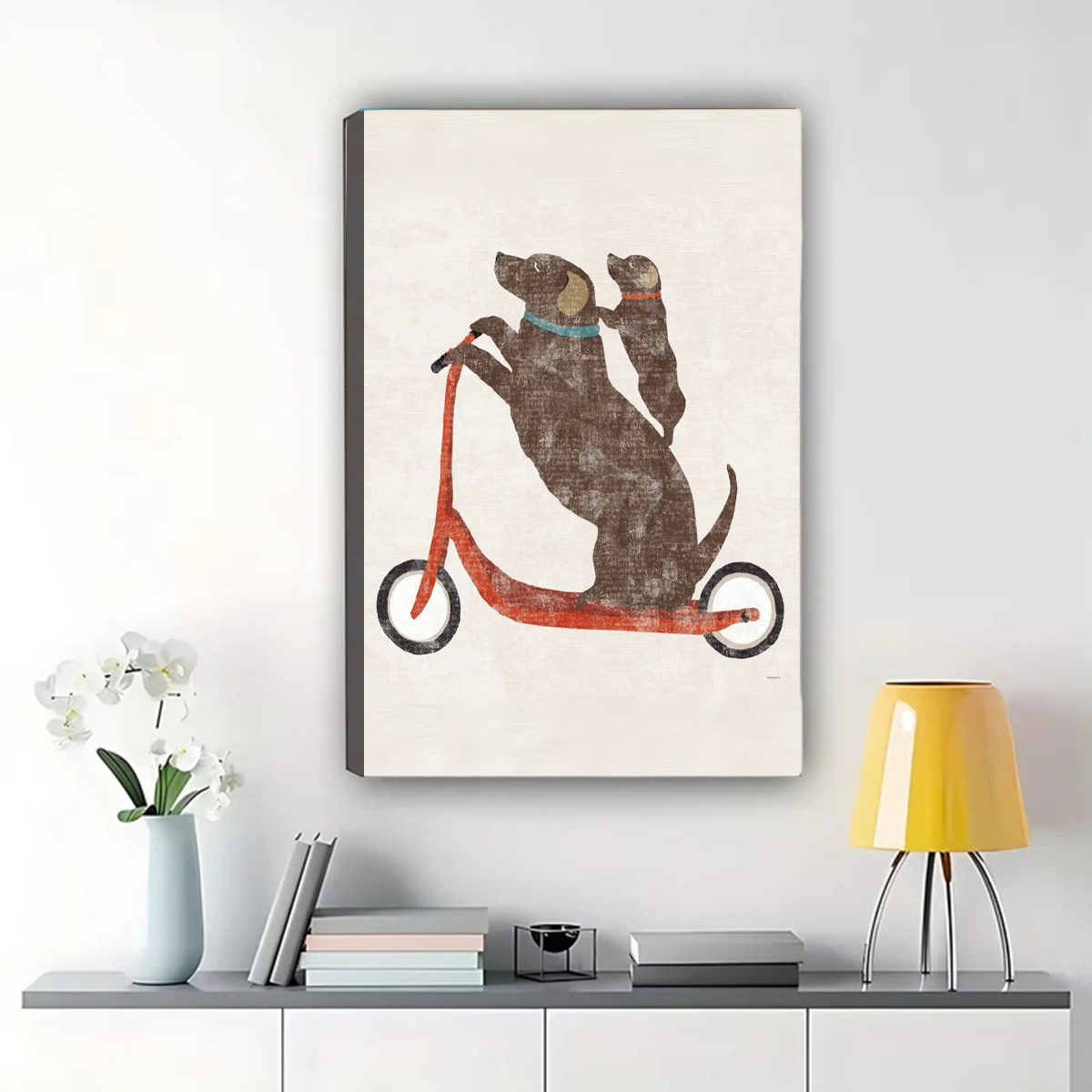 Two Dogs on a Scooter Wall Art – Funny Dog Canvas Print