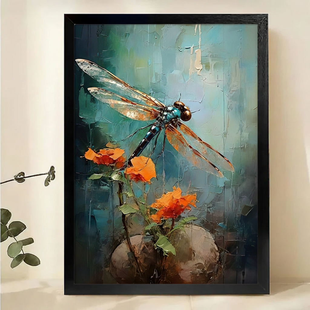 Dragonfly & Orange Blossoms Wall Art – Textured Impasto Oil Painting Canvas Print on Natural Wood Frame
