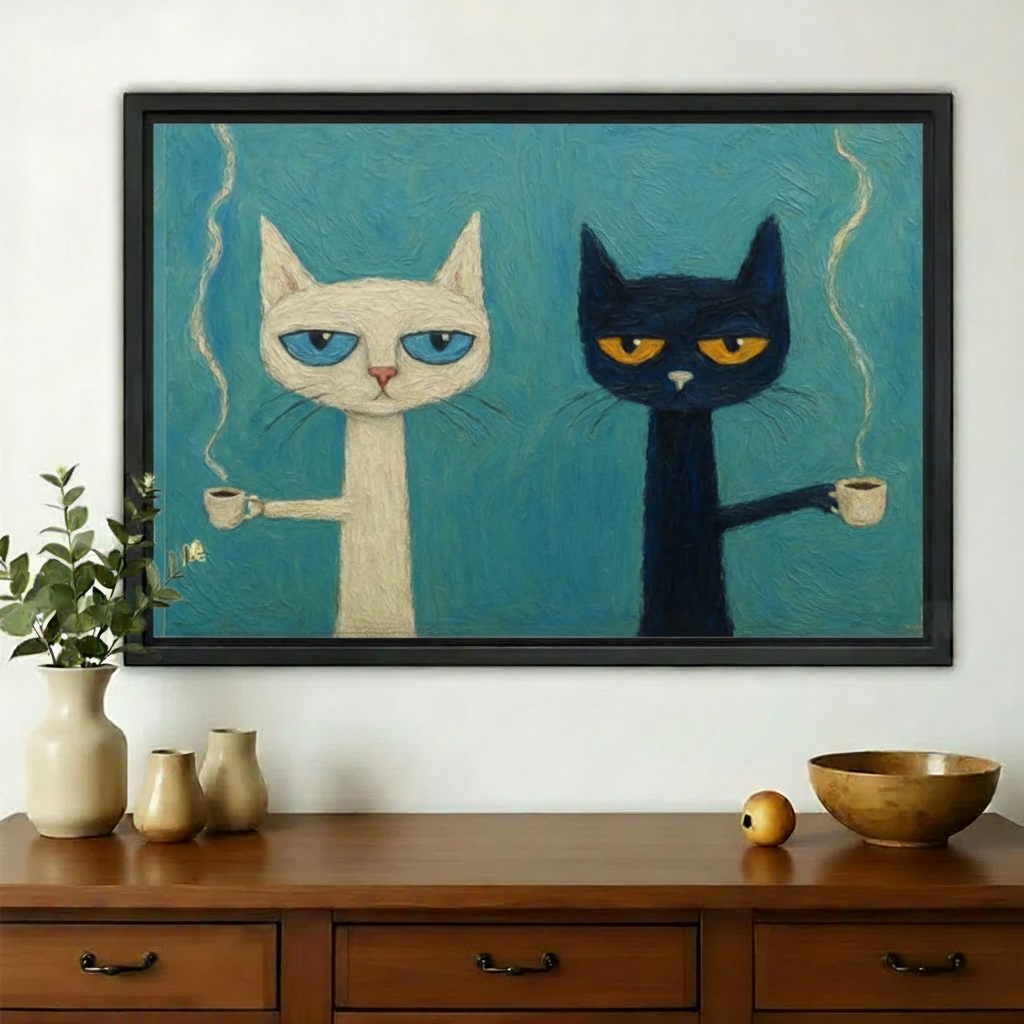 Two Cats with Coffee Wall Art – Quirky Retro Cat Canvas Print on Natural Wood Frame