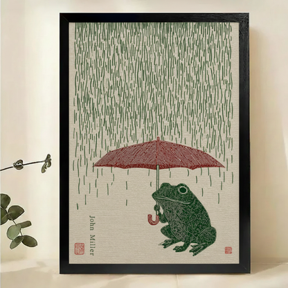 Frog in the Rain with Red Umbrella Wall Art – Japanese Woodblock Print Canvas Print on Natural Wood Frame