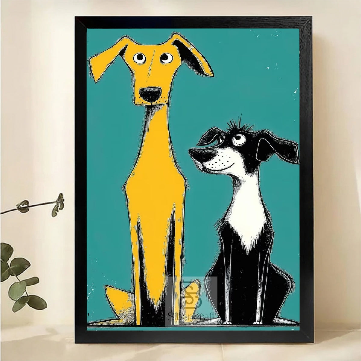 Tall Yellow and Short Black Dog Duo Wall Art - Quirky Cartoon Illustrated Canvas Print