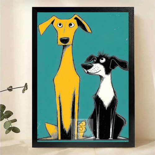 Tall Yellow and Short Black Dog Duo Wall Art - Quirky Cartoon Illustrated Canvas Print