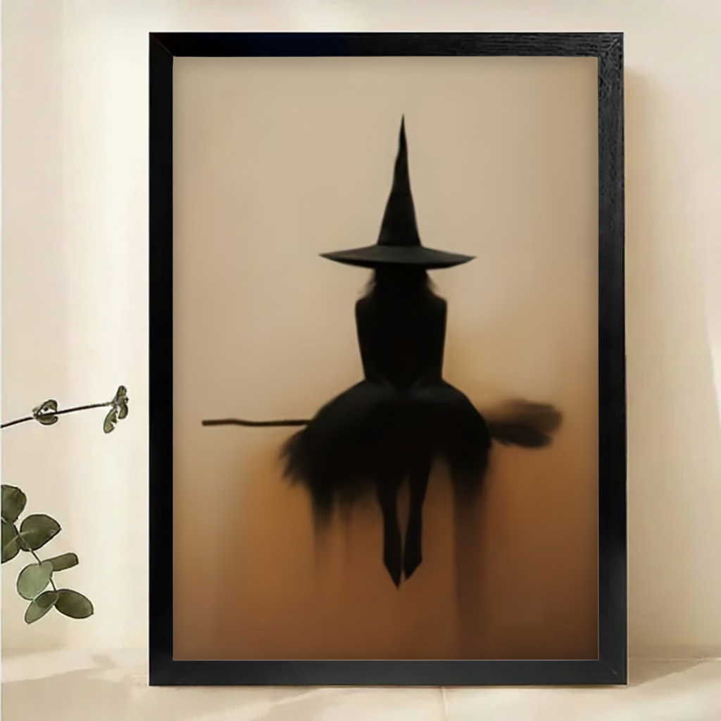 Witch Silhouette on Broomstick Wall Art – Moody Halloween Canvas Print on Natural Wood Frame