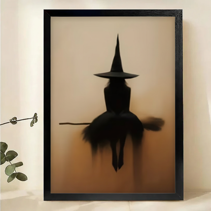 Witch Silhouette on Broomstick Wall Art – Moody Halloween Canvas Print on Natural Wood Frame