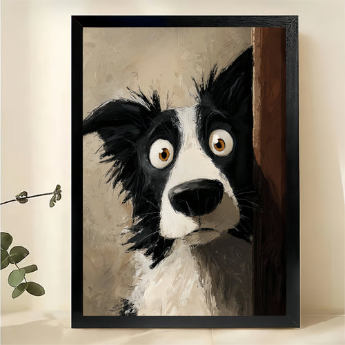 Dog Peeking Behind Door Wall Art - Curious Border Collie Print