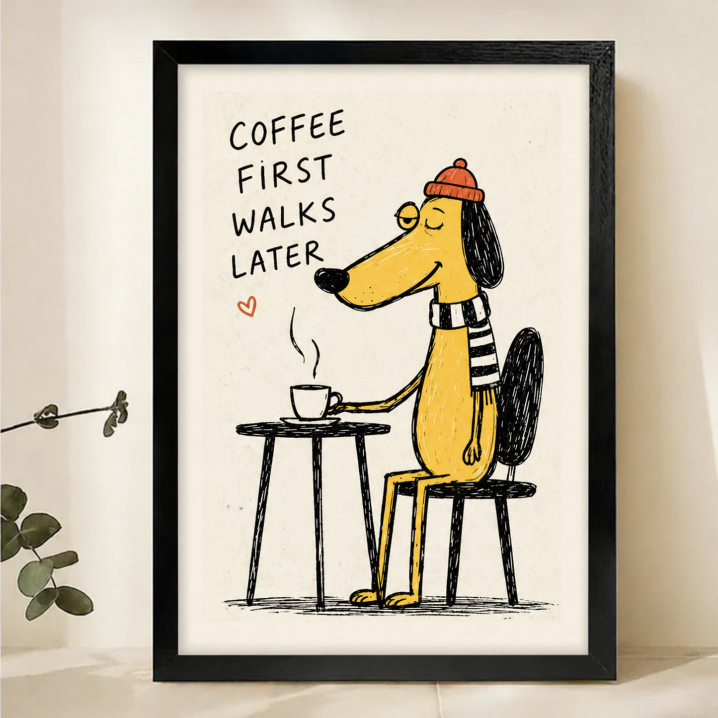 Coffee First Walks Later Dog Wall Art – Funny Illustrated Quote Canvas Print on Natural Wood Frame